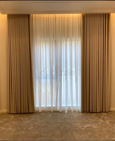 Beige Floor-to-Ceiling Curtains with Sheer Liner - Light-Filtering, Custom Fit