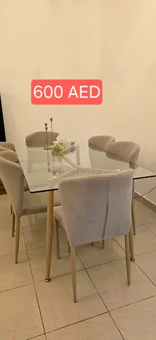 Glass Top Dining Table with 6 Upholstered Chairs - Light Beige