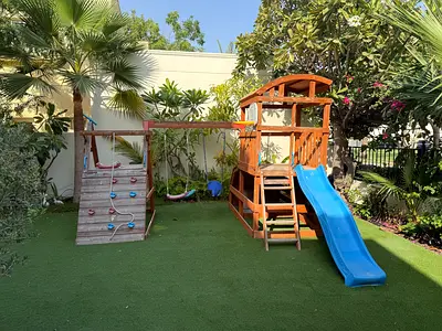 Wooden Backyard Playset with Slide and Climbing Wall