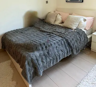 Double Bed Frame with Headboard and Mattress - White, Good Condition - Desk with chair