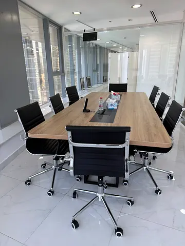 Modern Wooden Conference Table with 8 Black Office Chairs