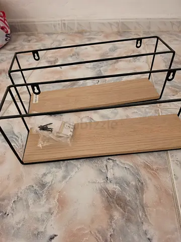Set of 2 Wall-mounted Floating Shelves with Metal Frame (Oak Finish)