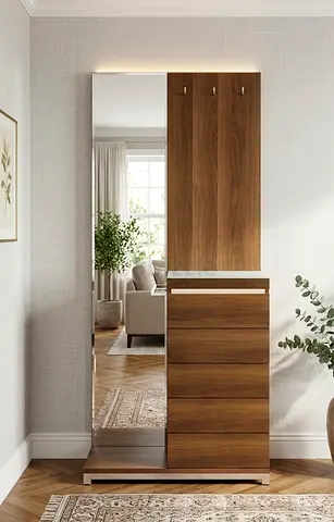 Walnut Hallway Mirror with 4-Drawer Storage and Coat Hooks