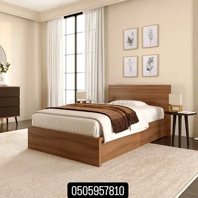 Wooden Single Platform Bed with Headboard - Walnut Finish