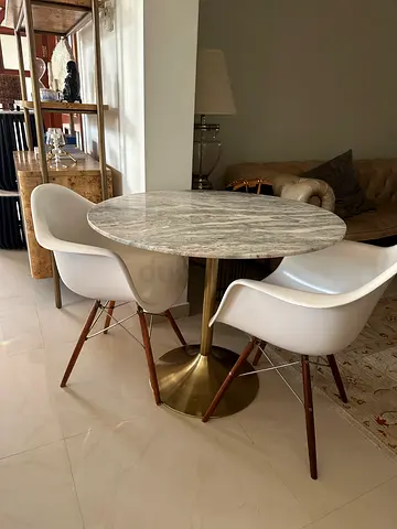 Mood Store Small Round Marble-Top Dining Table with 2 Eames Chairs