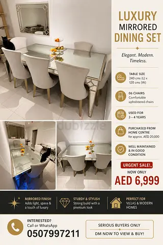 Luxury Mirrored Dining Table Set with 6 Upholstered Chairs - AED 6,999