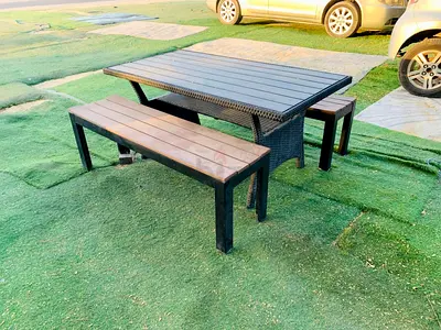 Outdoor/Wicker Dining Table with Benches — Good Condition