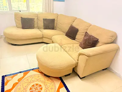 Beige L-shaped Fabric Sofa with Ottoman - 4 Seater Corner Sofa