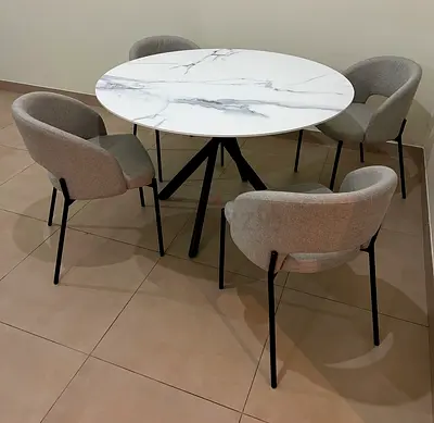 Round Marble-Top Dining Table with 4 Upholstered Chairs