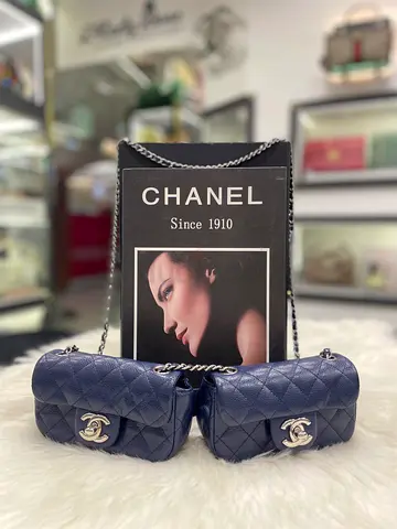 Chanel CC Navy Blue Quilted Caviar Leather Mini Twin Classic Flap Bag (Authentic/PreOwned)