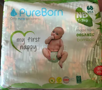 PureBorn My First Nappy NB (Newborn) - 68pcs, Organic Bamboo