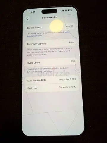 iPhone 15 pro max with 85% battery health, used (Cycle count 878)