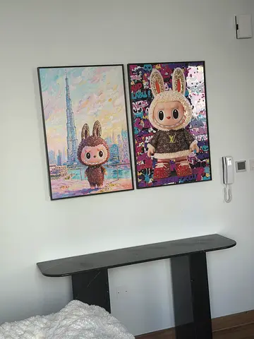 Two Framed designer  labubu and burn khalifa crystal Character Wall Paintings (Dubai Skyline Theme)