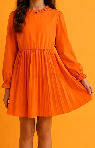 Vibrant Orange Pleated Dress for Girls, Size 11-12, Never Worn, Perfect Condition