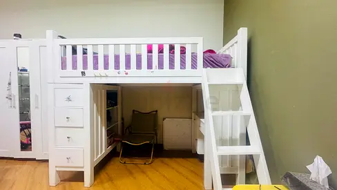 White Wooden Loft Bed with Built-in Drawers and Wardrobe - Single/Child Size - along with mattress