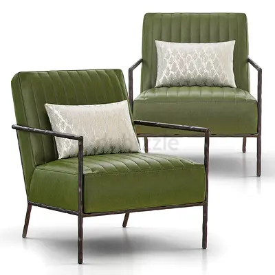 Crate and Barrel Pair of Olive Green leather Upholstered Accent Chairs with Metal Frame