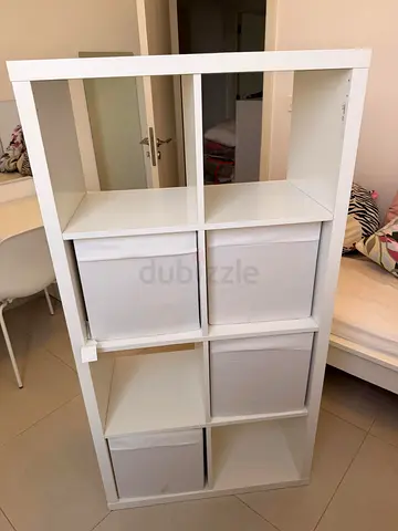 White 8-Cube Storage Shelf with Fabric Bins — Good Condition