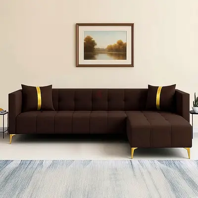 Dark brown soft velvet with gold legs 5 seater sofa