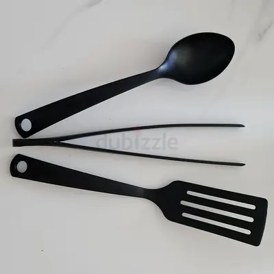 Set of 3 Black Nylon Kitchen Utensils — Spatula, Spoon  Tongs