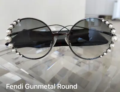 Fendi Gunmetal Round Sunglasses with Pearl Details