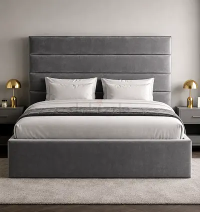 Brand New Grey Upholstered queen Bed with Padded Headboard