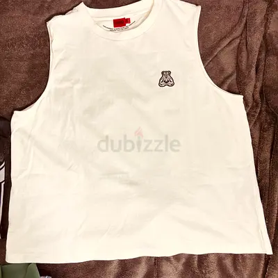 White Sleeveless Tank Top with Small Chest Logo — Size L
