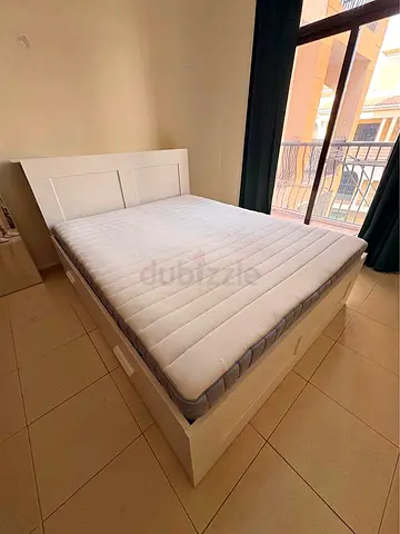 IKEA White BRIMNES Queen Storage Bed with IKEA Mattress 160 x 200 cm