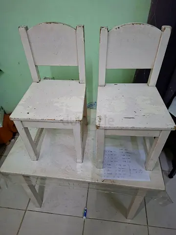 Set of 2 vintage wooden kids chairs with table- white painted, used