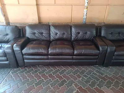 Dark Brown Leather 3+1+1 Seater Sofa (Used) - Comfortable Cushions
