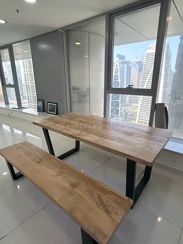 Solid Wood Dining Table with Matching Bench - Industrial Metal Legs