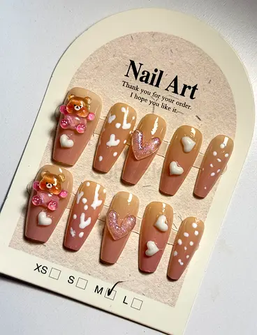 Beige Pink 3D Heart  Bear Press-On Nails