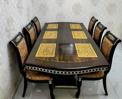Solid Wood 6-Seater Dining Table with Upholstered Chairs - Classic Design
