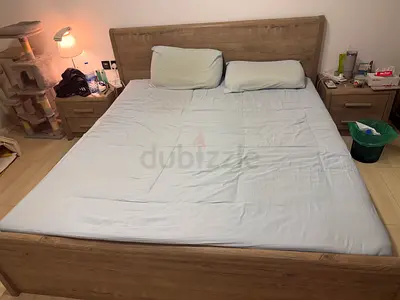 King Size Wooden Bed Frame with Mattress  Headboard and Two Nightstands
