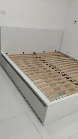 Ikea White King-Size Wooden Bed Frame with Slatted Base