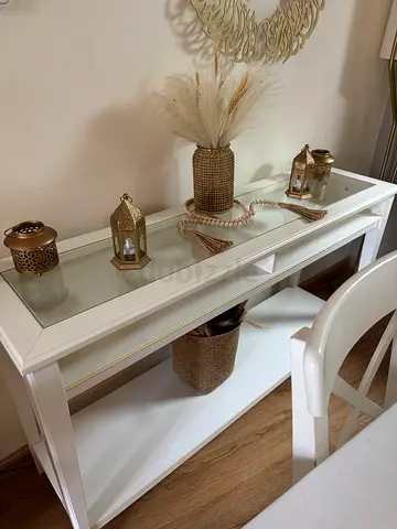 White Console Table with Glass Top and Shelf - Good Condition