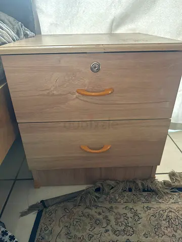 Small wooden two-drawer cabinet with lock — good condition