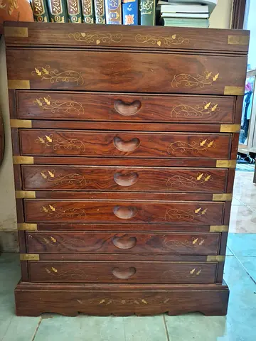 Solid Rose Wood Tall Table with Brass Inlay - 6 Drawer + Top storage Box