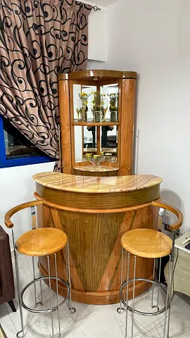 Solid Wood Corner Bar Cabinet with Glass Display and 2 Stools