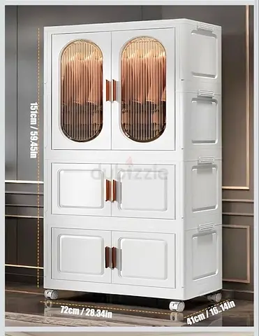 White Plastic Wardrobe Cabinet with Wheels - 151cm High, 3 Compartments