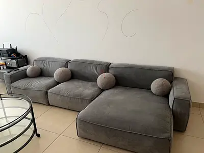 Large Gray L-Shaped Fabric Sofa with Chaise