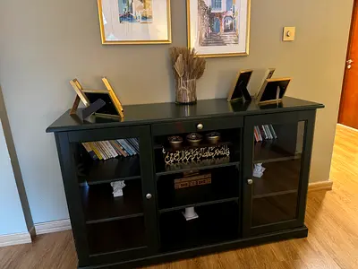Dark Wooden Sideboard Console Cabinet with Glass Doors — Good Condition