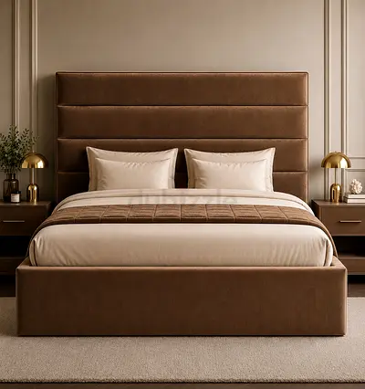 Brand New Upholstered queen Size Bed Frame with Padded Headboard - Brown
