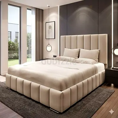 Upholstered King Size Bed with Padded Headboard - Modern Beige