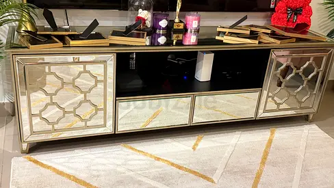 3 sofa seats, 2 sofa seats,Mirrored TV Console , 2 side table 1 coffe table , 2 chairs