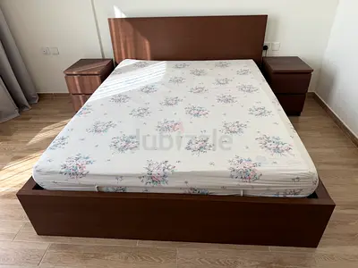 Double Bed Frame with Headboard, Two Nightstands, One Dresser - Dark Wood