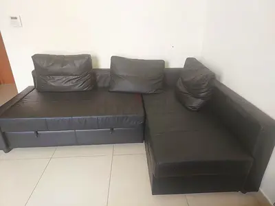L-shaped black faux leather sofa (3-seater corner) - good condition