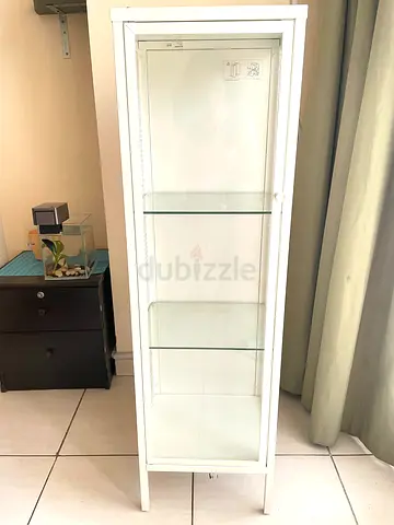 White Glass Display Cabinet / Narrow Showcase with Shelves