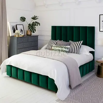 Green Velvet Upholstered Bed Frame with Tall Channel-Tufted Headboard - Double/Queen