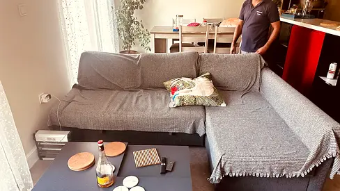 L-shaped grey fabric corner sofa — good condition (IKEA)