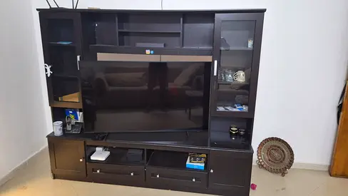 Dark Wood Entertainment TV Unit with Glass Cabinets - Good Condition